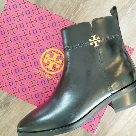 Tory Burch Everly Flat Boot Etruso Calf Perfect Black Leather Logo Zip-up NWT 8